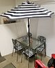 WROUGHT GLASS TOP PATIO TABLE 30 1/2" X 4' W/UMBRELLA & 4 CHAIRS