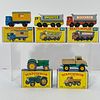 Five Boxed Matchbox 1-75 Regular Wheels Series Vehicles, Including: 49 Unimog, tan cab and tray, green chassis, green tinted windows, yellow plastic h