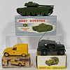 French Dinky 560 2CV Citroen Postal Van And Two French Dinky Military Vehicles, Both die cast metal, the Citroen with yellow body, blue flashes to doo