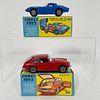 Corgi 324 Marcos 1800 GT And 327 MGB GT, 327 Marcos with blue body and white hood stripes, pale blue interior, driver, wire wheels, in correct blue an