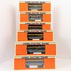 Group Of Eight Lionel O Gauge Passenger Cars And Rolling Stock, Die cast metal and plastic, including two illuminated 6-19145 Chesapeake &amp; Ohio (C