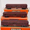 Three Lionel O Gauge Pullman Cars 2625, 2627 And 2628, Three-rail heavyweight die cast metal passenger cars in maroon livery, including 2625 "Irvingto