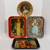 Four Tin Advertising Serving Trays, Lithographed tin, circa 1930s-1940s, including three rectangular trays, one for Coca-Cola, featuring an image of "