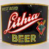 Porcelain West Bend Lithia Beer Corner Sign, Colorful curved porcelain advertising sign in red, white, yellow and green on a black background. Bottom 