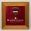 Budweiser Copper And Enamel Advertising Plaque, Vintage circa 1950s-1960s square advertising wall plaque, featuring a design to the centeron a red bac
