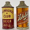 Two Schlitz Cone Top Beer Cans, Nice pair of original circa late 1930s 12oz cans including a maroon and cream "Milwaukee Club Beer" can "Brewed and Pa