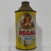 Regal Cone Top Beer Can, Original 12oz can for "Regal Light Lager Beer" with an illustration showing a smiling man in "regal" dress holding a glass of