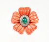18K Coral Emerald Diamond Flower Pendant Pin