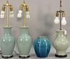 Four porcelain glazed vases (three made into table lamps). ht. 10in. to 27 1/4in.