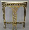 Iron marble top demilune table. ht. 32in., wd. 32 1/2in., dp. 12in.