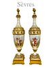 A Pair Of 19th C. French Sevres Hand Painted Porcelain Bronze Lidded Vases