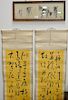 Group of Oriental paintings to include a pair of scrolls, pair of Chinese painted fans, round fan, and a framed watercolor (7 1/2" x...