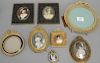 Eight brass and bronze French and Victorian frames, six with painted portraits of women. 2 1/4" x 1 3/4" to 8 1/2" x 7 3/4"