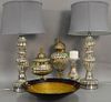 Six piece contemporary group including pair of mirrored lamps (one as is), two pair of mirrored urns, candlestick, and an art glass ...