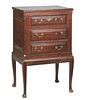 French Provincial Carved Oak Chest on Stand, 20th c., the stepped rectangular top over a setback bank of three drawers, on an oak stand on tapered squ