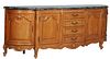 French Louis XV Style Carved Cherry Marble Top Sideboard, 20th c., the thick stepped bowed verde antico marble over a central bank of four bowed drawe
