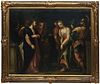 Old Master Style, "Christ and the Woman Taken in Adultery," 19th c., oil on canvas laid to board, unsigned, presented in an ornate gilt and gesso fram