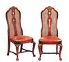 Pair of Polychromed Chinoiserie Queen Anne Style Side Chairs, 20th c., with gilt highlights, the arched canted shell carved high backs with caned cent