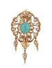 14K Yellow Gold Turquoise Pendant/Brooch, with a central oval cabochon turquoise, atop a pierced border within an outer border with 12 round ten point
