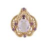 14K Yellow Gold Pink Quartz Pendant, with a cushion cut oval pink quartz, atop a stepped pierced scrolled frame, mounted with seven tiny round amethys