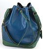 Louis Vuitton Noe Bicolor Blue and Green GM Epi Leather Shoulder Bag, with green and blue stitching and brass hardware, opening to a black suede inter