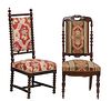 Two French Carved Walnut Hall Chairs, c. 1870, one with bobbin turned supports to like legs and like stretchers, now in floral fabric; the second with