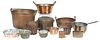Collection of Fourteen Pieces of Copper Cookware, 19th c., consisting of two jam pans with brass ring handles; a covered daube pot with a folding iron
