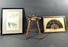 Bamboo Stool, Framed Fan, and Asian Print