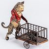 Guntherman painted tin wind-up cat with mouse cage