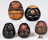 Five carved and painted wood Kobe toys