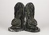 Pair of English bronze rabbit head bookends on green alpi marble by Alfred Gilbert 
