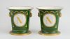 PAIR OF FRENCH EMPIRE STYLE PORCELAIN GREEN AND GILT-PAINTED CACHE POTS