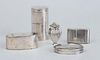 GEORGE III SILVER CYLINDRICAL THREE-TIER BOX AND COVER, A GEORGE III SILVER MATCH SAFE, A SILVER-PLATED OVAL DOUBLE-HINGED BOX AND TWO CONTINENTAL SIL