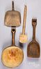 Four wooden scoops, ladles, and spoon, 19th c.