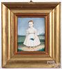 Miniature watercolor portrait of a child with doll