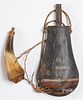 Painted tin powder flask and powder horn
