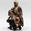 Japanese Lacquered Wood Sculpture of Jizo on a Rootwood Stand