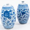 Small Near Pair of Chinese Blue and White Porcelain Barrel Shaped Jars