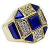Erte, French (1892-1990) Vintage 14 Karat Yellow Gold, Diamond and Lapis Lazuli "Le Secret" Ring
