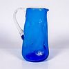 Mid Century Modern Handmade Art Glass Pitcher, Blue Crackle