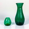 2pc Blenko Glass Handcrafted Vases, Crackled Emerald Green
