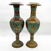 Pair of Vintage Large Enameled Brass Decorative Vases