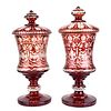 Pr 19C Bohemian Ruby Cut to Clear Vases