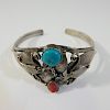 STERLING SILVER NAVAJO BRACELET WITH TURQUOISE AND CORAL