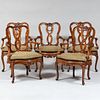 Set of Five Venetian Rococo Beechwood and Walnut Armchairs with Fortuny Seats