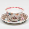 Chinese Export Famille Rose Porcelain Teabowl with Exotic Bird and a Saucer with Beauties in an Interior