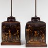 Pair of Chinoiserie Painted Tin Tea Caddies Mounted as Lamps
