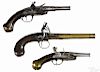 Three screw barrel European flintlock pistols, approximately .50 and .41 caliber