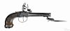 European screw barrel flintlock pistol, approximately .55 caliber, with a folding bayonet, safety