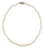 A CULTURED PEARL NECKLACE WITH A DIAMOND SET CLASP